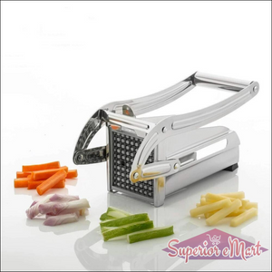 Superior eMart French fry cutter machine with vegetables sliced in various colors on a white background