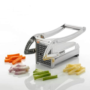 Superior eMart French fry cutter machine with vegetables sliced in various colors on a white background