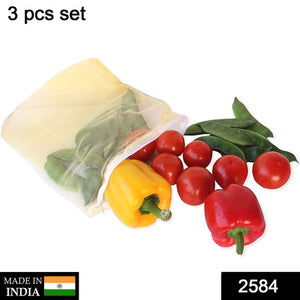 Mesh fridge bags for fruits and vegetables with assorted colorful peppers and tomatoes