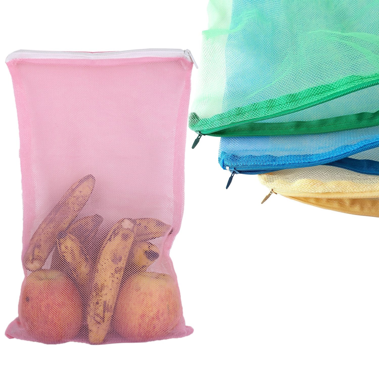 Set of colorful fridge bags for fruits and vegetables made of breathable mesh material