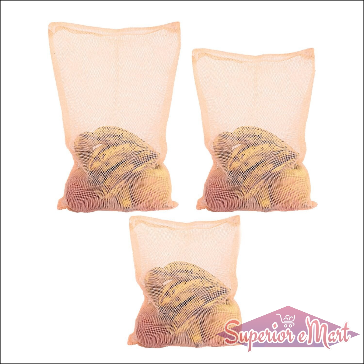 Set of three mesh fridge bags for fruits and vegetables, perfect for storage and freshness