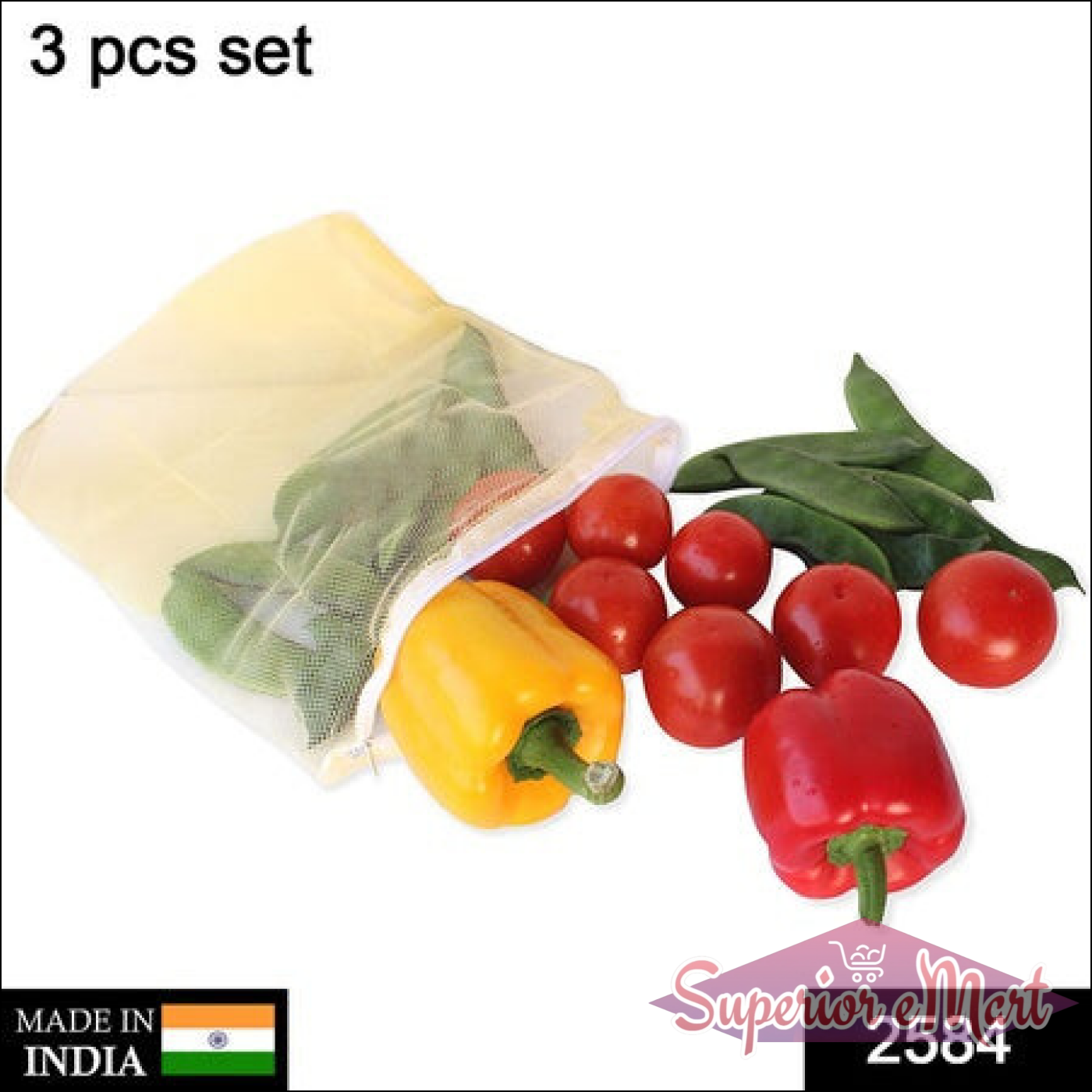 Mesh fridge bags for fruits and vegetables with assorted colorful peppers and tomatoes