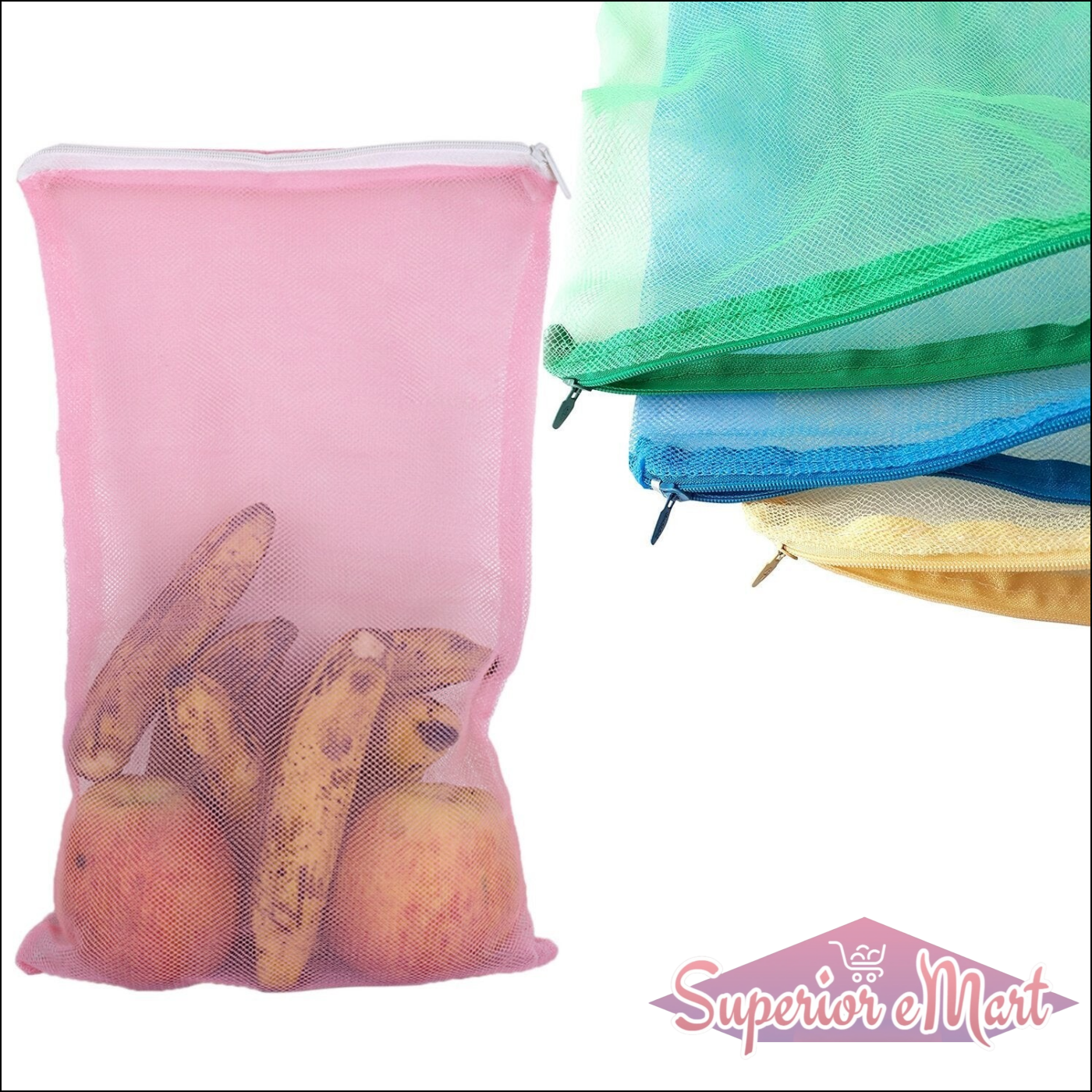 Set of colorful fridge bags for fruits and vegetables made of breathable mesh material