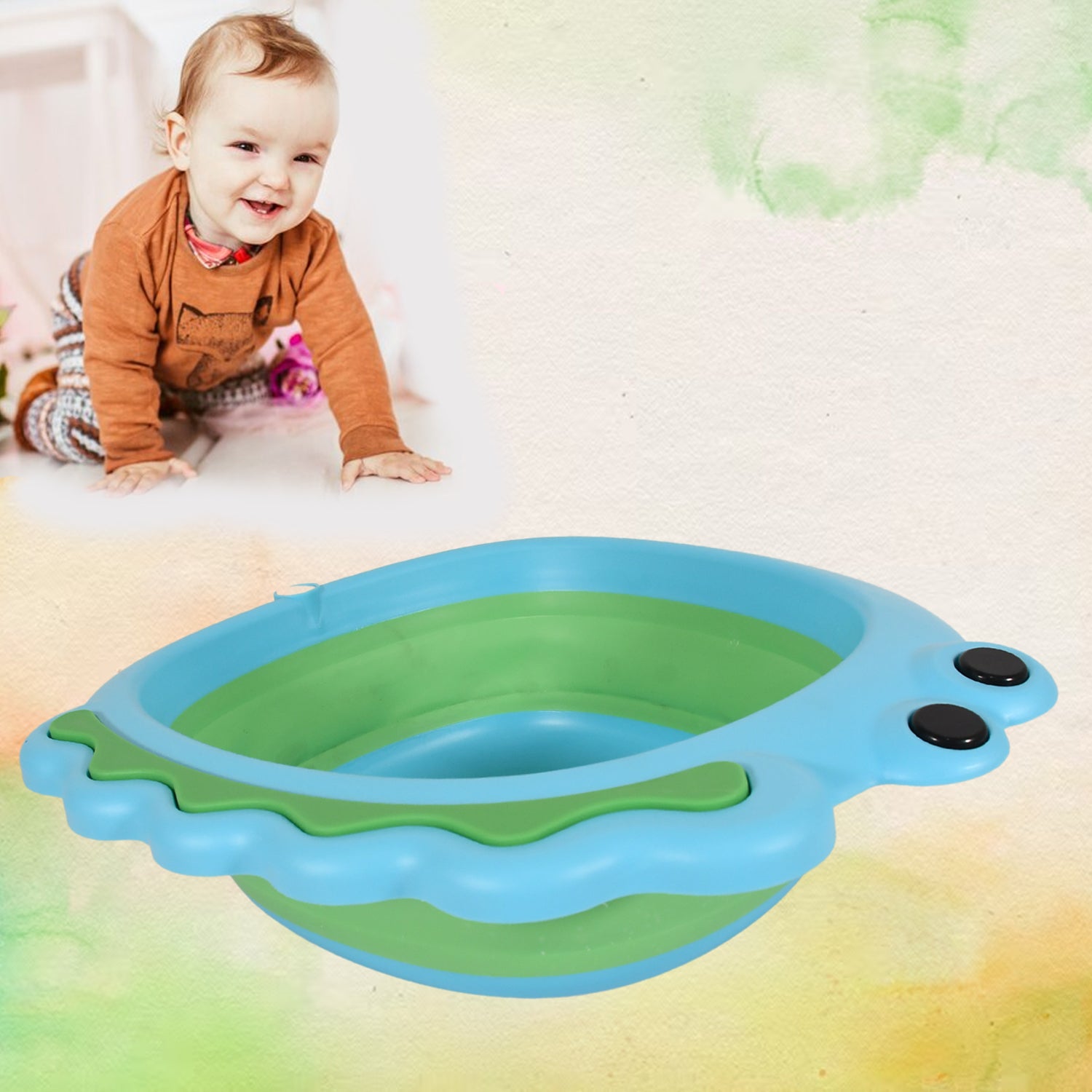 Frog shape baby wash basin in green and blue, perfect for bath time and fun for infants