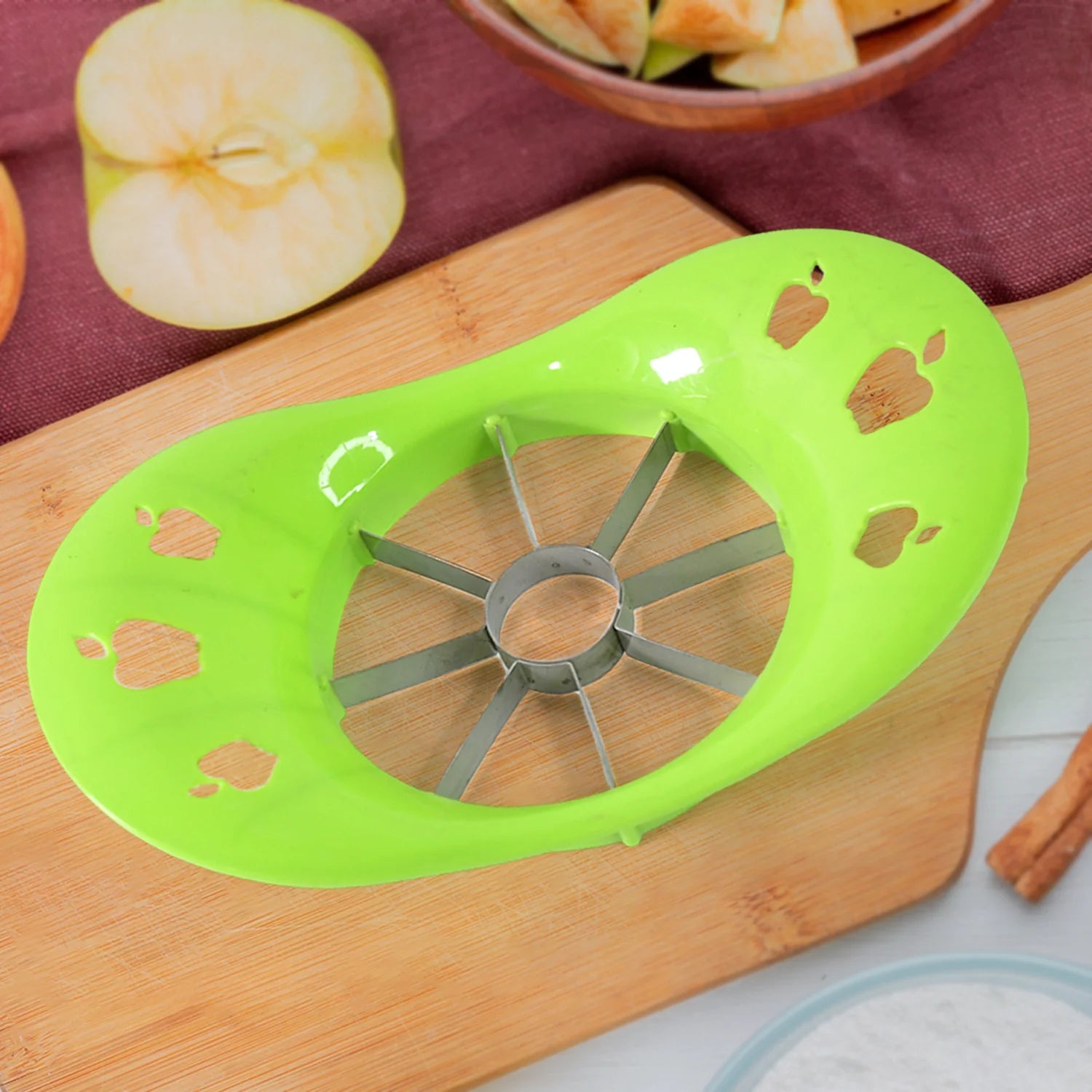 Bright green fruit slicer apple cutter with stainless steel blades for easy apple preparation
