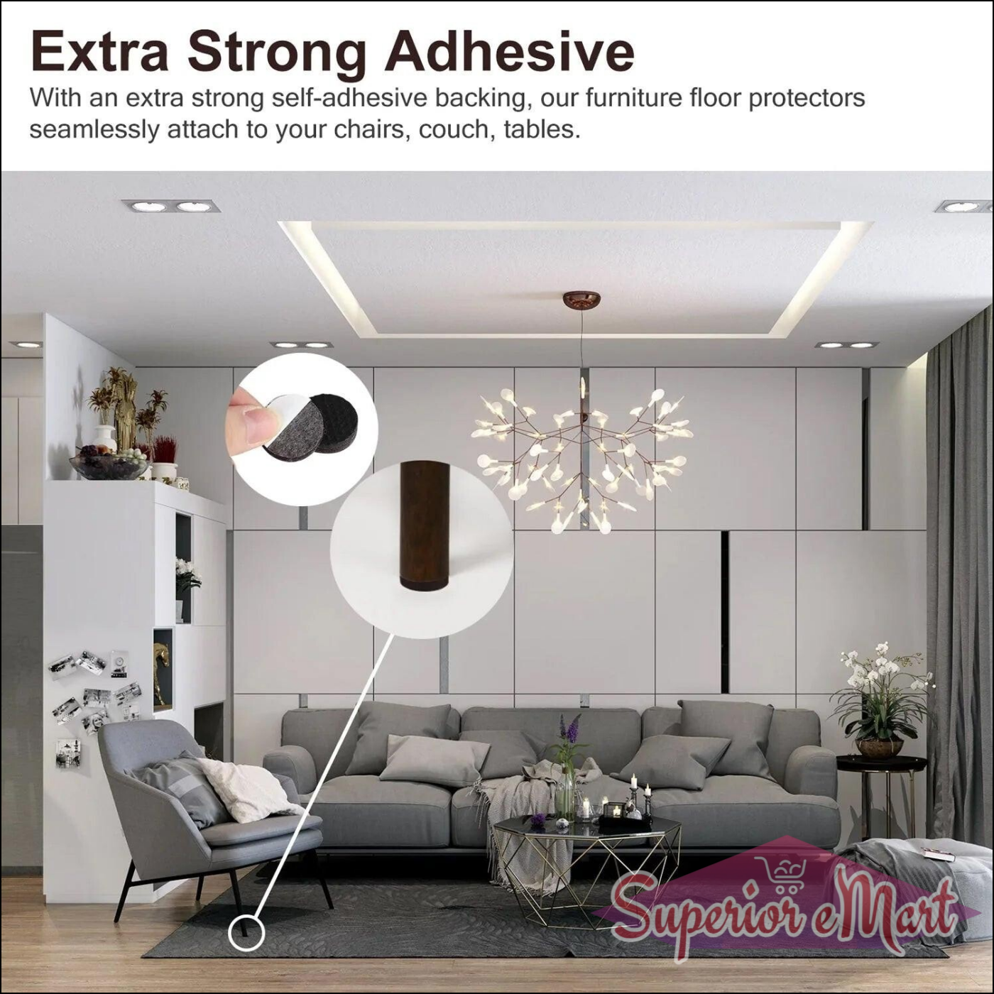 Extra strong adhesive furniture protection pads designed to attach to chairs, couches, and tables