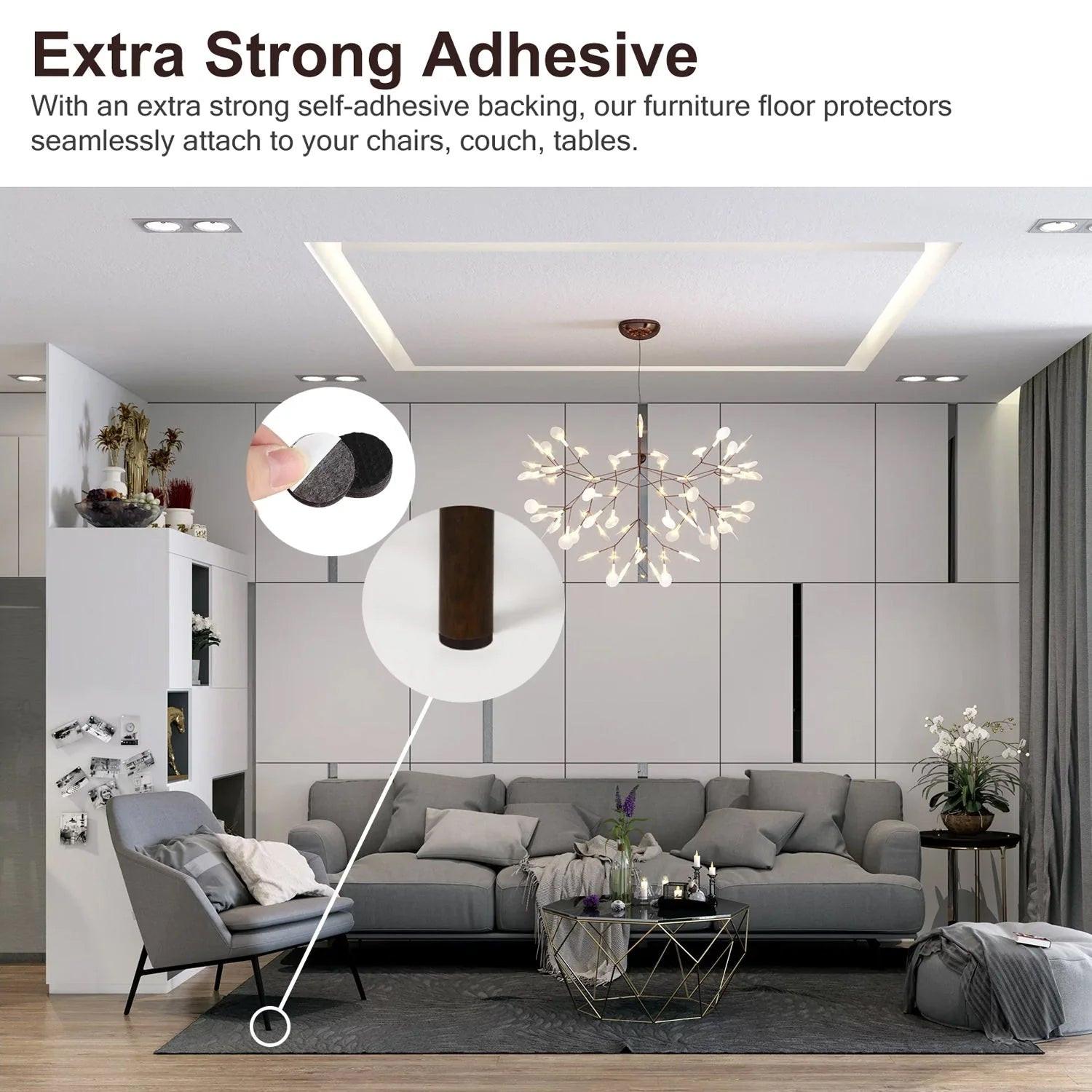 Extra strong adhesive furniture protection pads designed to attach to chairs, couches, and tables