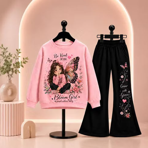 A two-piece girls' outfit displayed on black hangers against a warm beige arched backdrop. The set includes a light pink sweatshirt with a colorful fairy graphic and the text 'Be Kind to You Bloom Girl' and black wide-leg pants with butterfly and floral embroidery and the text 'Grow with Grace'.