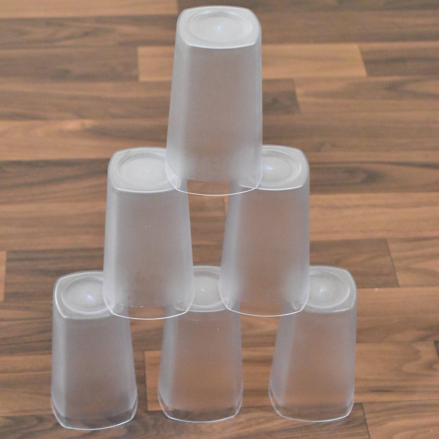 Set of 6 frosted 350ml glass cups stacked on a wooden surface for home and kitchen use