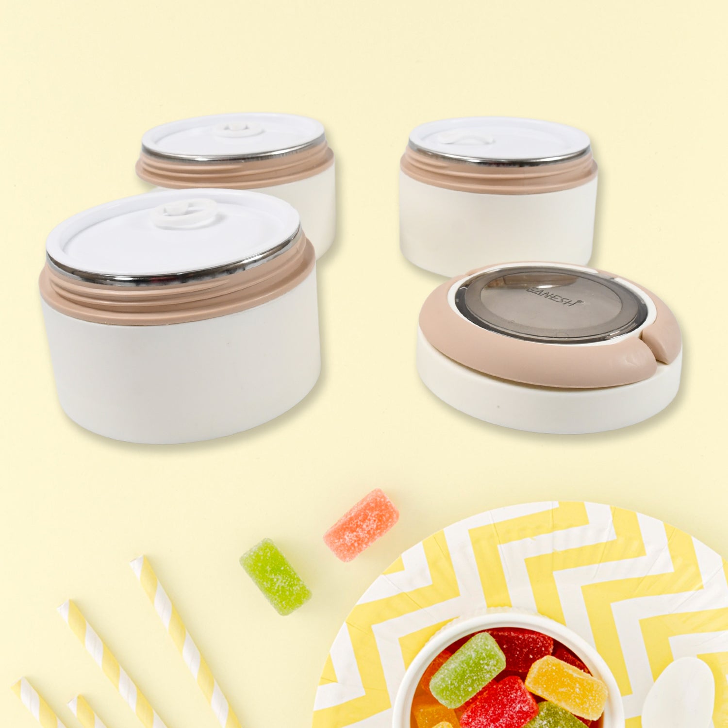 Superior eMart stainless steel 3 layer lunch box in white with pink lids for meal prep and storage