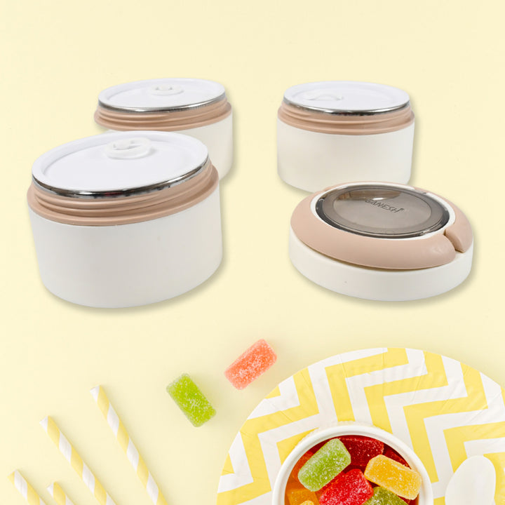 Superior eMart stainless steel 3 layer lunch box in white with pink lids for meal prep and storage