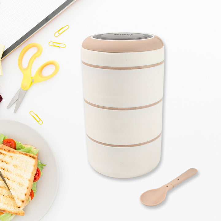 Superior eMart stainless steel 3 layer lunch box with a removable spoon and lunch ingredients on a plate