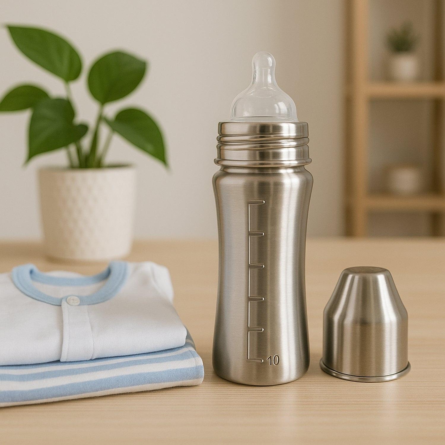 Superior eMart stainless steel baby milk bottle with measurement markings beside a folded baby onesie
