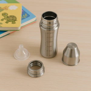 Superior eMart stainless steel baby milk bottle with measuring scale and lid for safe feeding