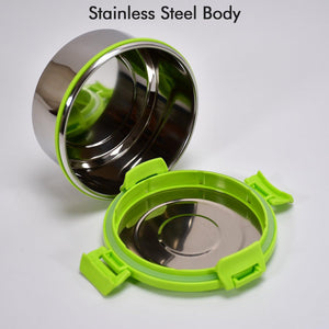 Superior eMart stainless steel lunch box leak proof with a vibrant green sealing lid and stainless steel body