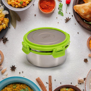 Superior eMart stainless steel lunch box leak proof with a vibrant green lid for secure meal storage