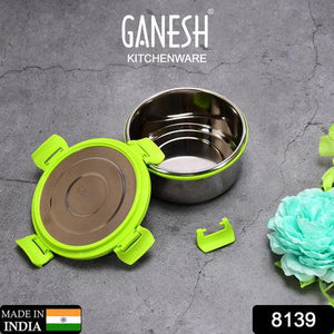 Ganesh Kitchenware stainless steel lunch box leak proof with green locking lid for secure storage