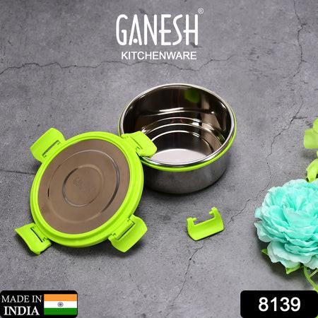 Ganesh Kitchenware stainless steel lunch box leak proof with green locking lid for secure storage