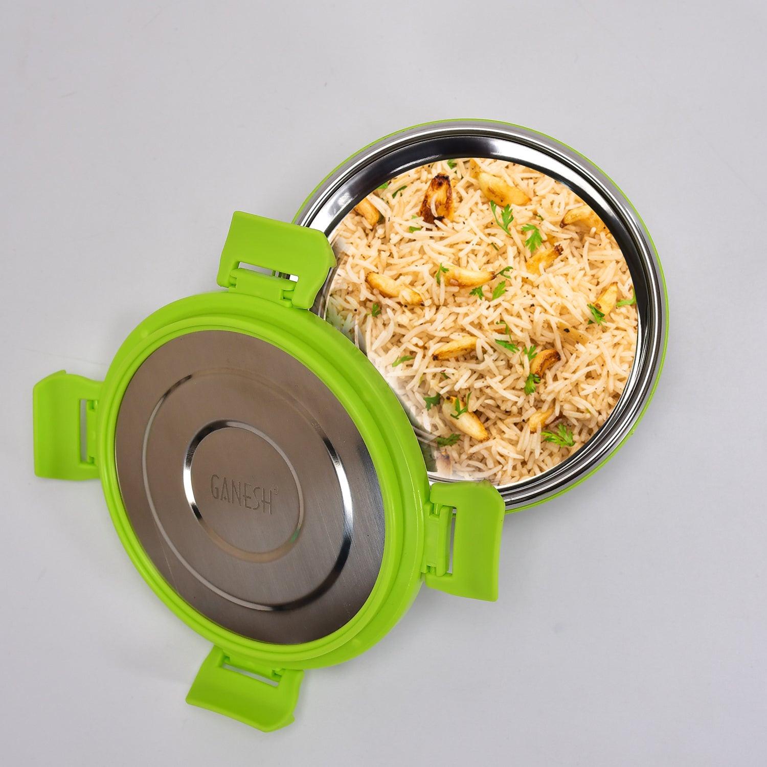 Green Stainless Steel Lunch Box Leak Proof with Delicious Rice Pilaf Inside