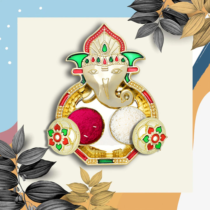Ganesha Haldi Kumkum thali holder in vibrant colors with decorative elements for religious rituals.
