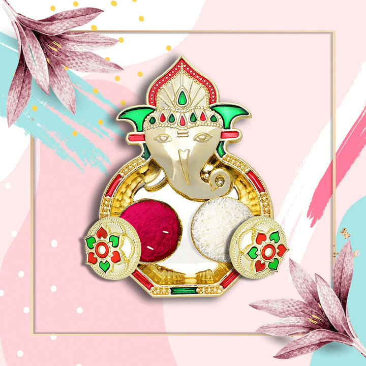 Ganesha Haldi Kumkum thali holder in vibrant colors with decorative elements for pooja ceremonies