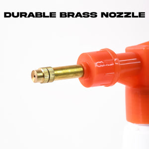 Close-up of a durable brass nozzle on a garden pressure sprayer 1 litre for effective plant care