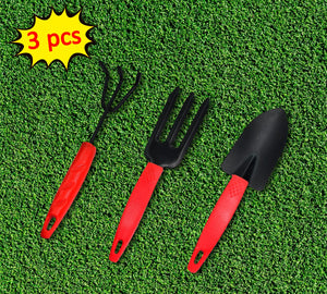 3 piece gardening tool kit with red handles, ideal for planting and soil cultivation