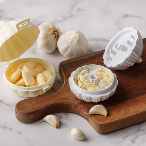 Superior eMart garlic press sharpener with garlic cloves and a wooden cutting board