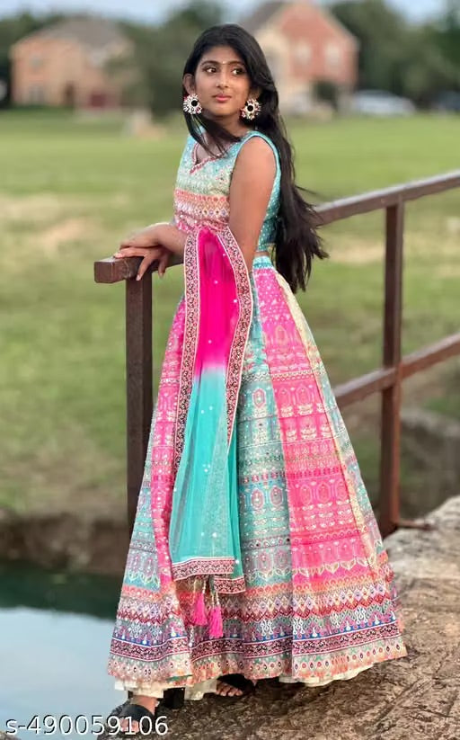KIDS Printed Mirror Work Lehenga & Blouse With Dupatta