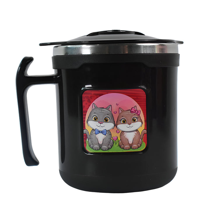 Superior eMart 250ml cute cat coffee mug in black with two cartoon cats and a lid