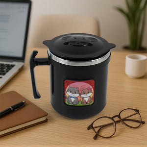 250ml cute cat coffee mug by Superior eMart in black with cartoon cat design and lid on wooden desk