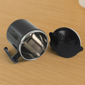 250ml cute cat coffee mug with black lid and stainless steel interior on wooden surface