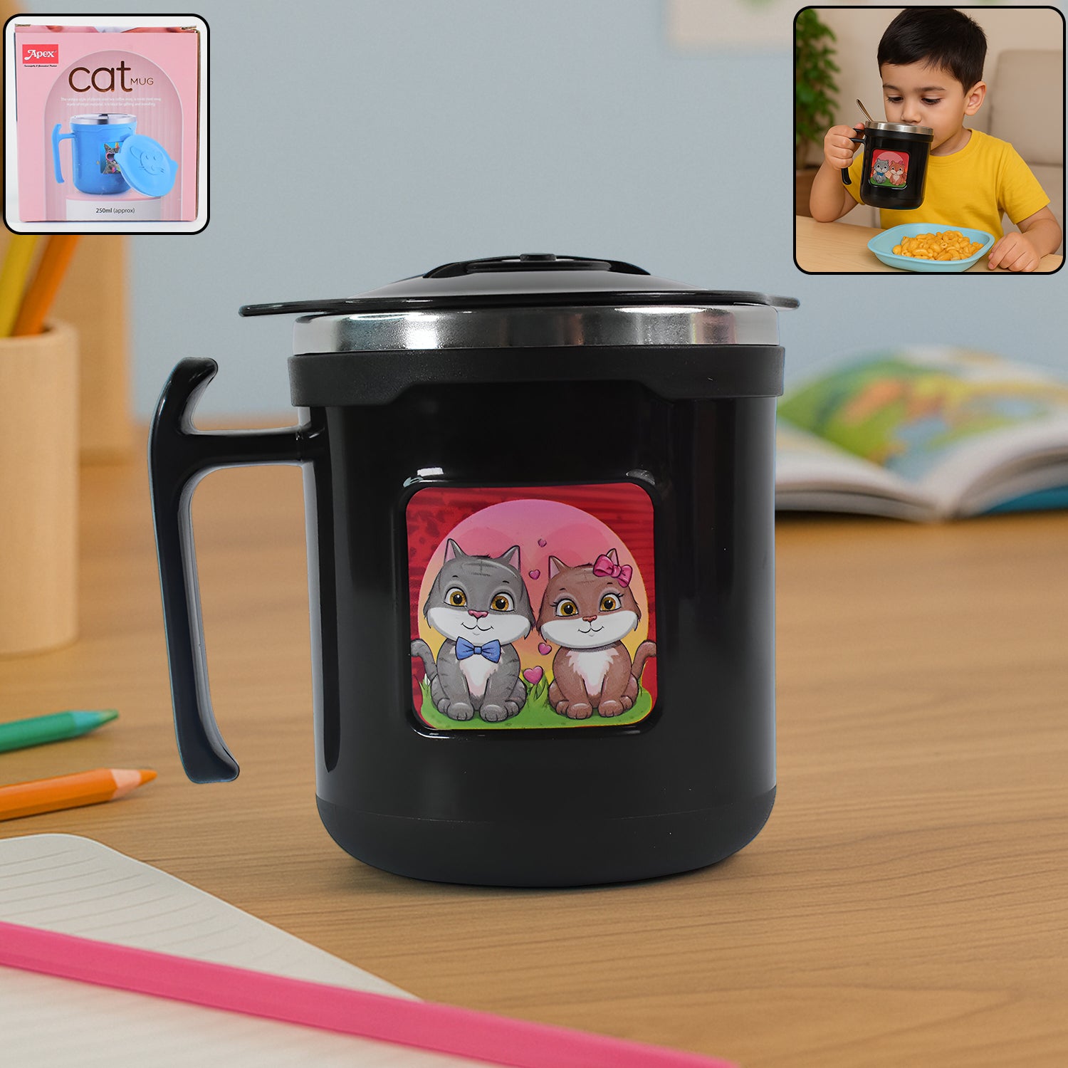250ml cute cat coffee mug in black with cartoon cat design and lid perfect for home and kitchen use
