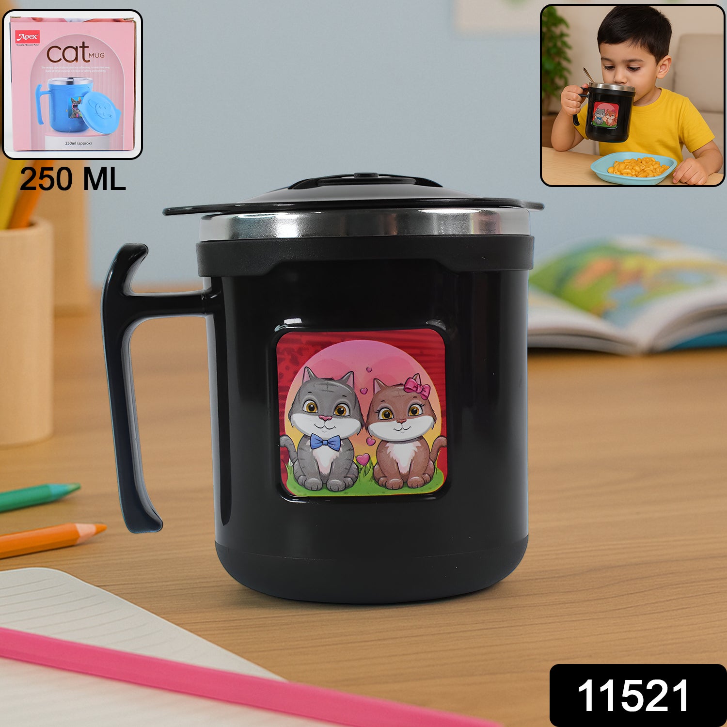 250ml cute cat coffee mug in black with a cartoon cat design and a lid, perfect for kids and home use