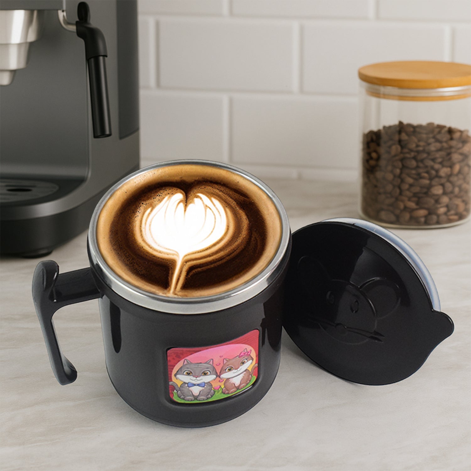 250ml cute cat coffee mug in black with lid and cat design filled with latte art coffee