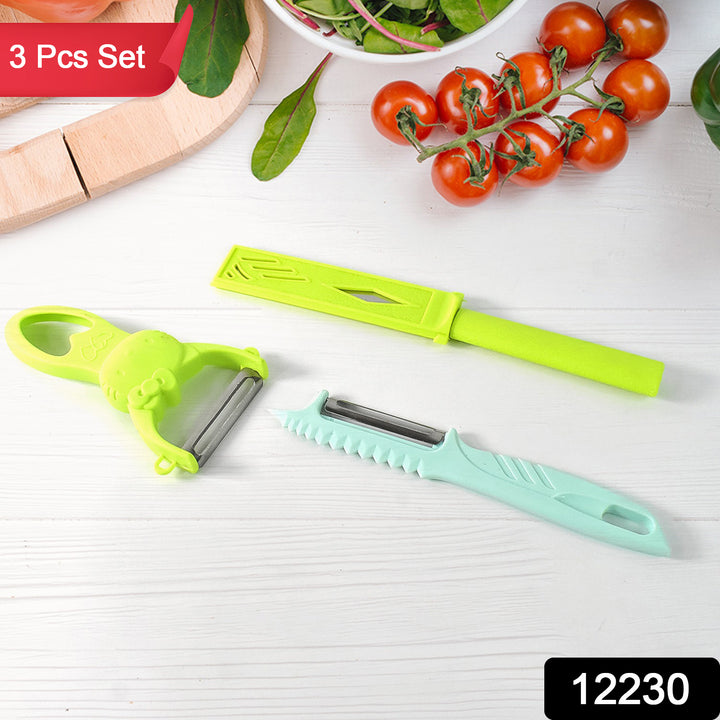 Superior eMart 3 piece kitchen peeler set with green, yellow, and blue peelers on white surface