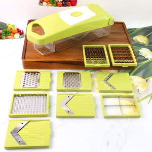Superior eMart 9-in-1 kitchen vegetable slicer with multiple green interchangeable blades and container