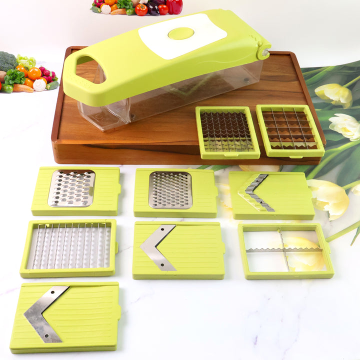 Superior eMart 9-in-1 kitchen vegetable slicer with multiple green interchangeable blades and container