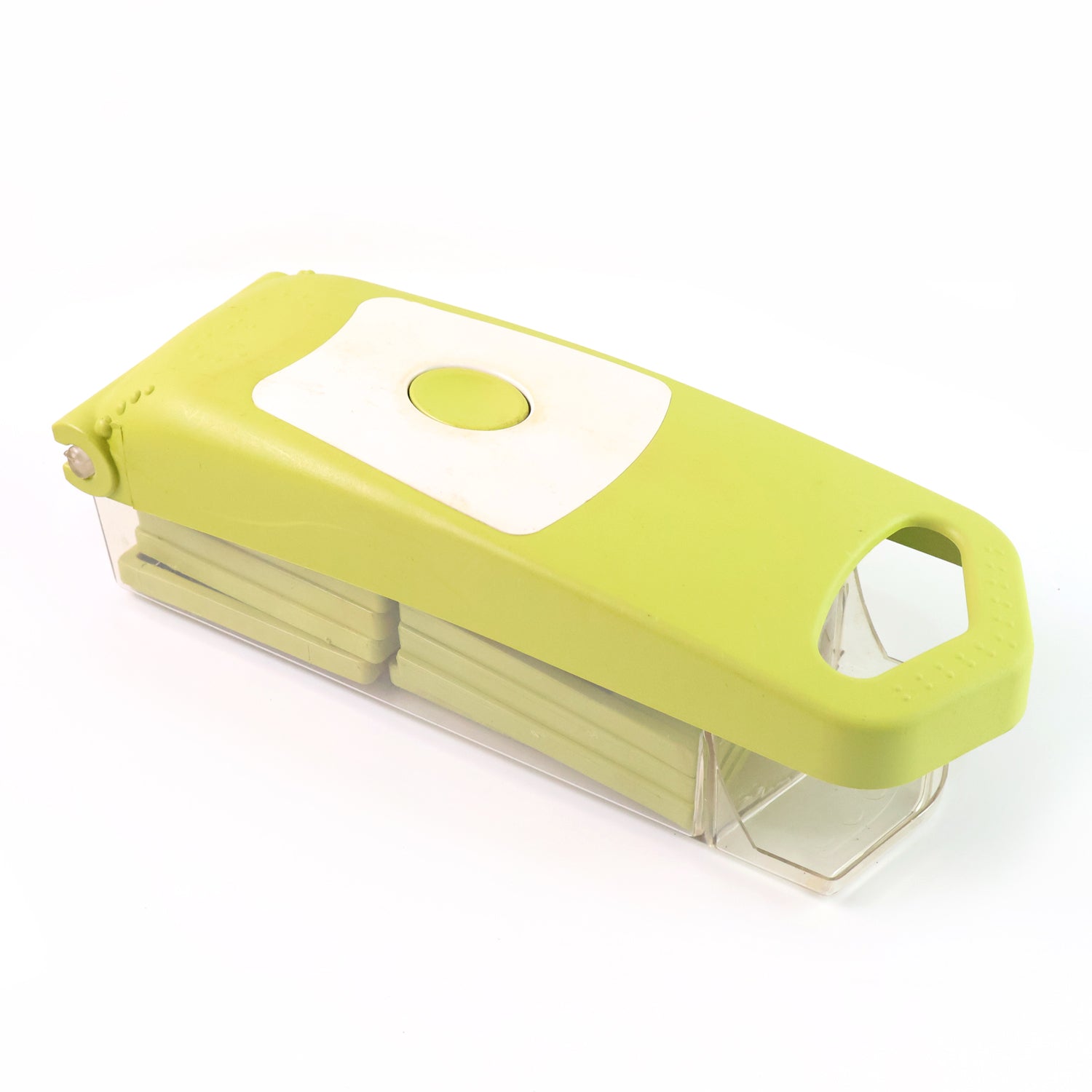 Superior eMart 9-in-1 kitchen vegetable slicer with green lid and transparent storage container