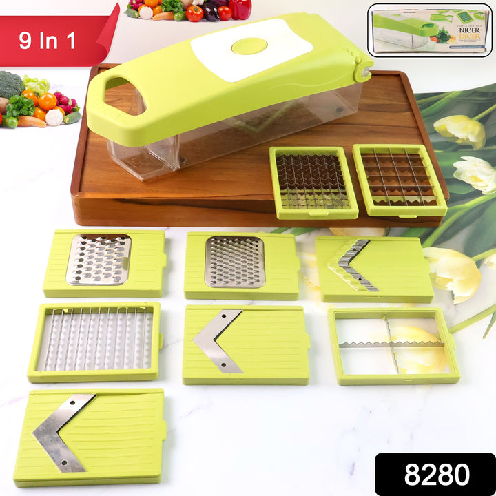 Superior eMart 9-in-1 kitchen vegetable slicer with multiple interchangeable blades and clear container