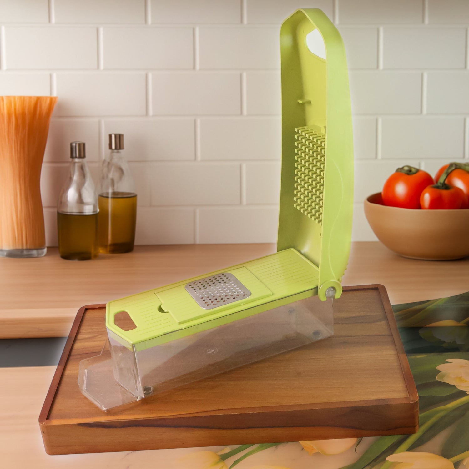 Superior eMart 9-in-1 kitchen vegetable slicer with transparent container on wooden cutting board