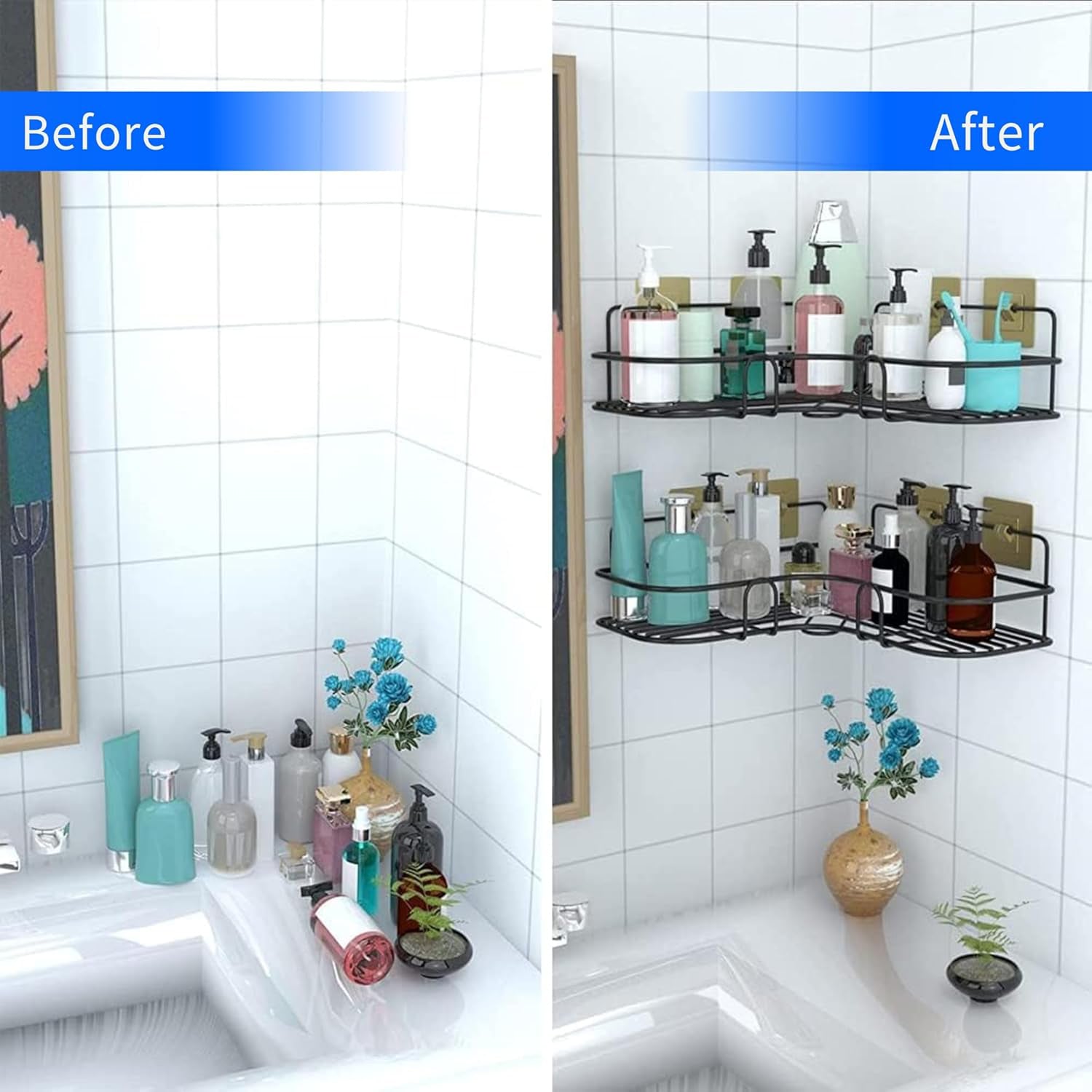 Superior eMart bathroom wall shelf set installed in corner holding toiletries and bathroom essentials