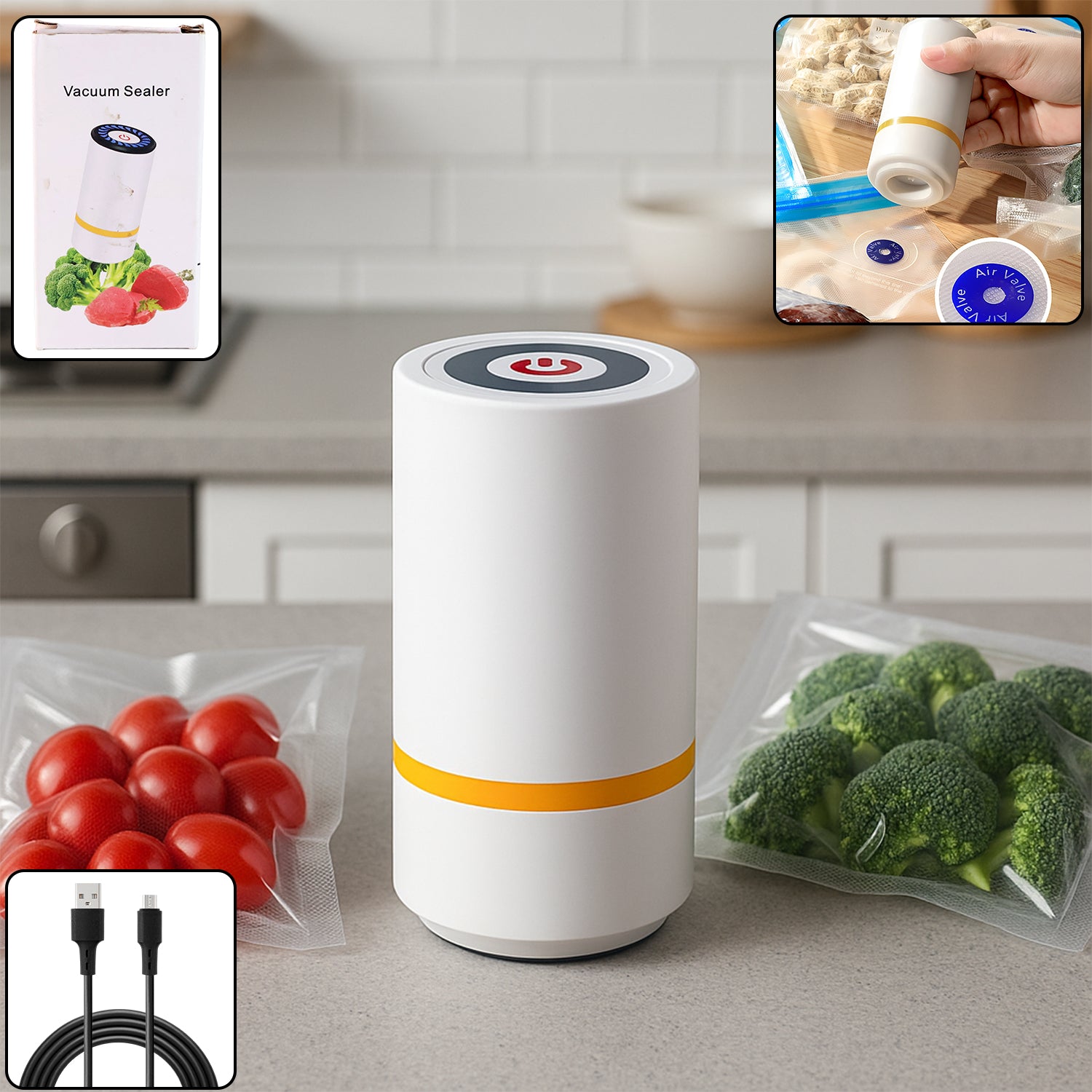 Superior eMart portable vacuum sealer machine with USB charging sealing fresh vegetables in kitchen