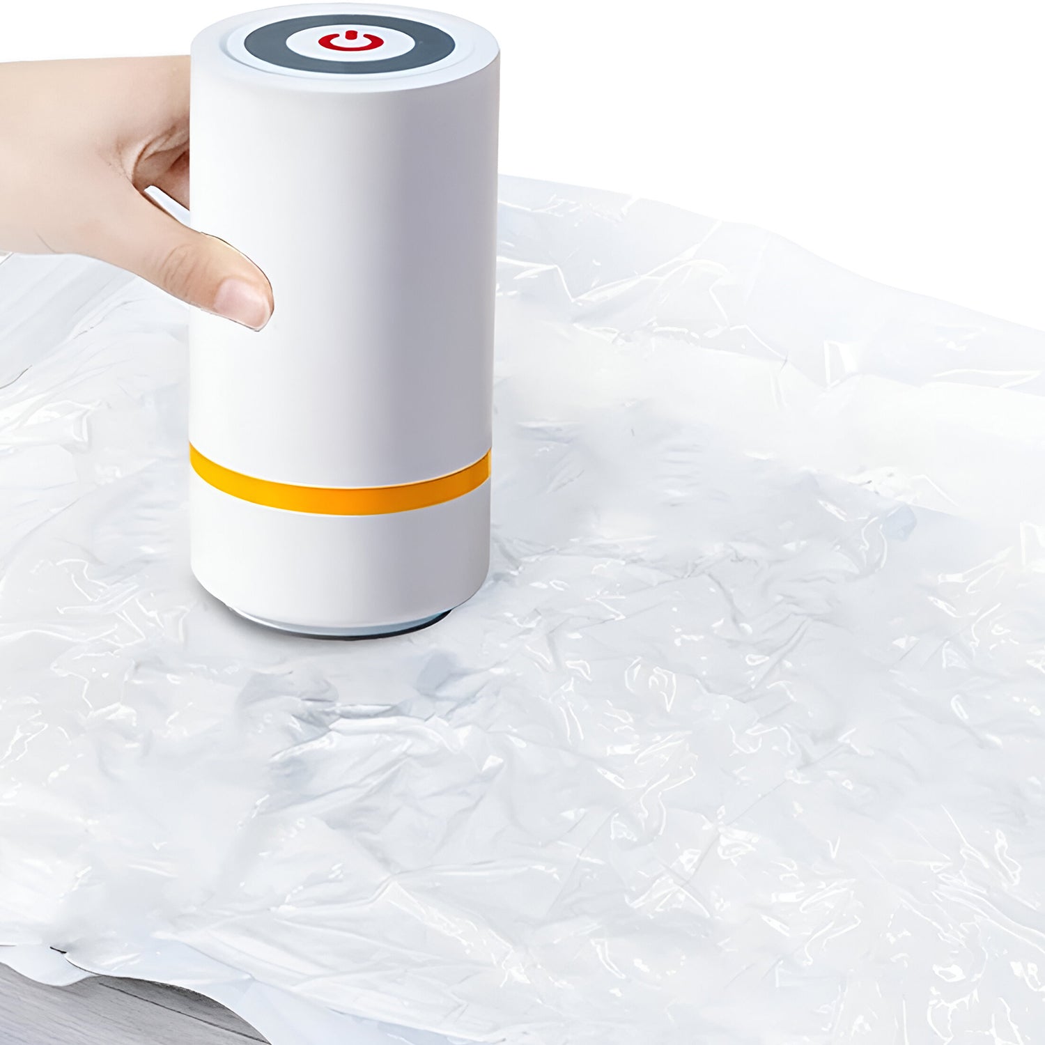 Superior eMart portable vacuum sealer machine in white with orange ring sealing a plastic bag
