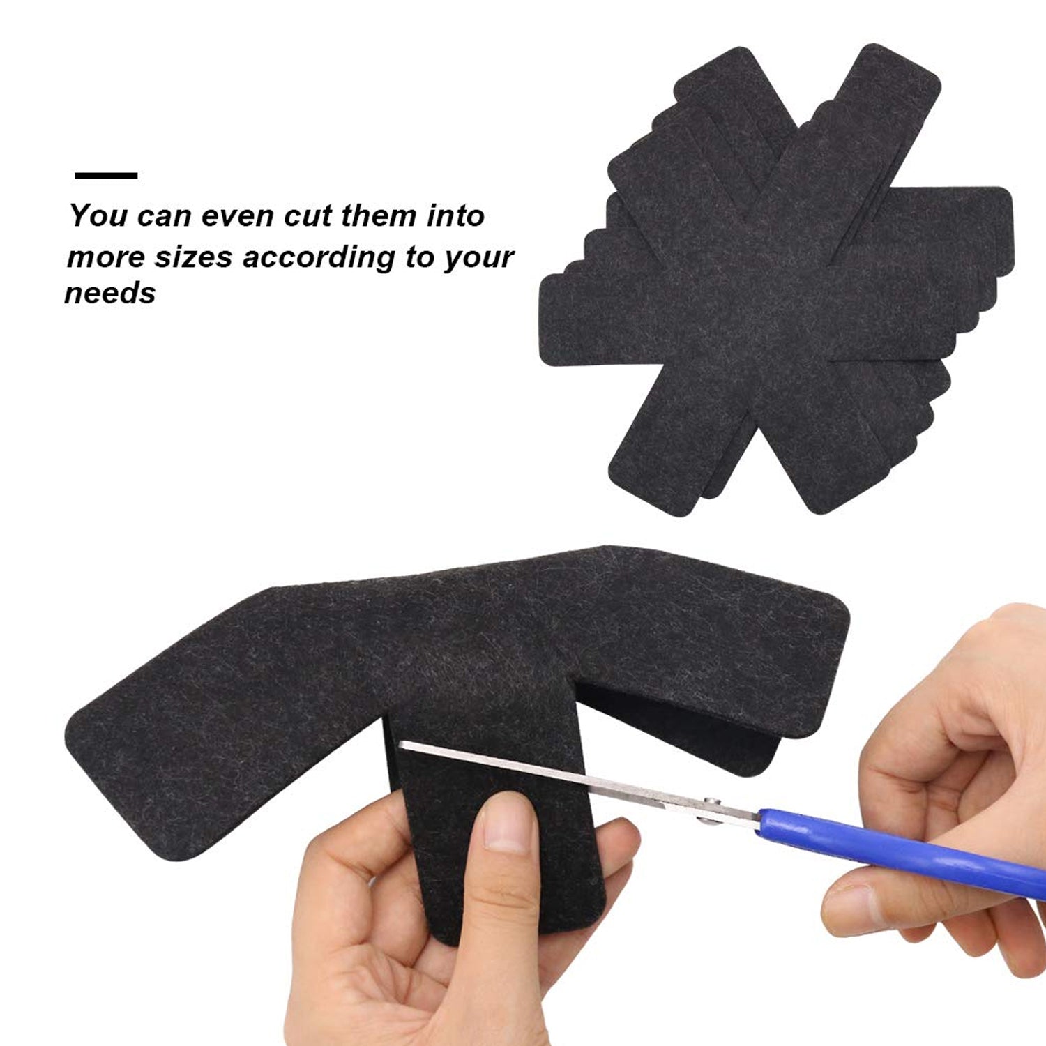 Superior eMart black pots and pans protector inserts being cut to size with scissors for customizable kitchen protection