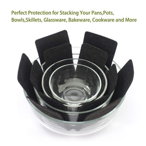 Superior eMart black pots and pans protector inserts between stacked glass bowls for protection