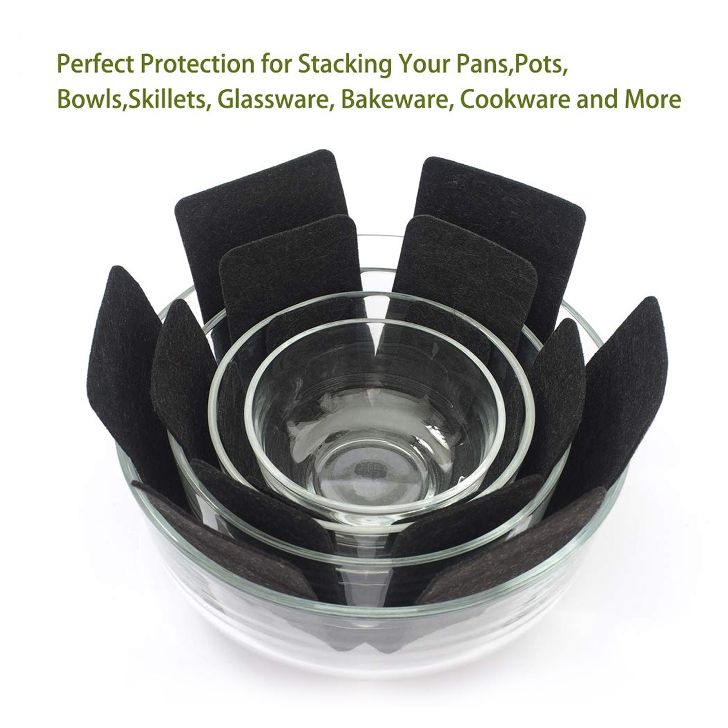 Superior eMart black pots and pans protector inserts between stacked glass bowls for protection