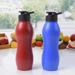 Red and blue Superior eMart stainless steel water bottle 1000ml with black flip caps on kitchen counter