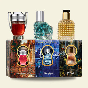 Gift set perfume for men and women featuring four distinct fragrances in decorative bottles