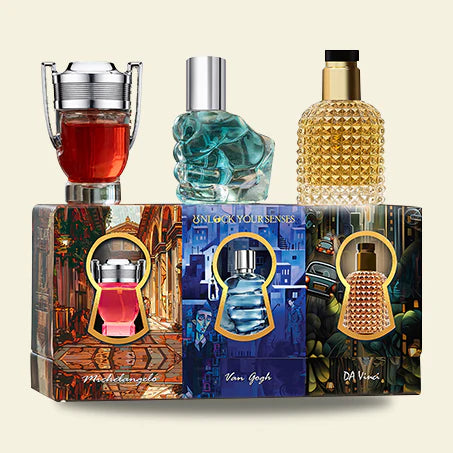 Gift set perfume for men and women featuring four distinct fragrances in decorative bottles